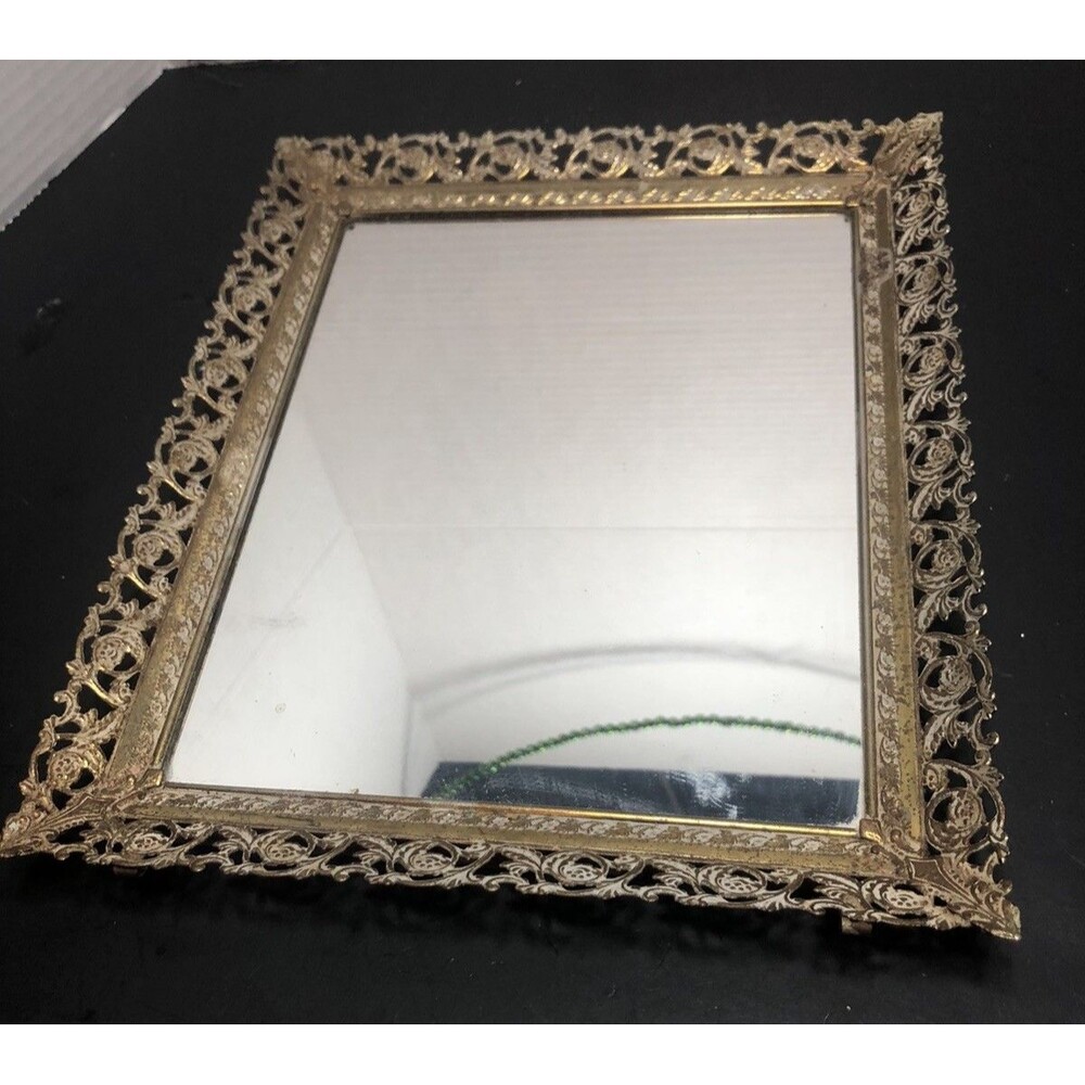 Vintage Mid Century Brass Mirror Vanity  9 1/2” X 11 1/2”